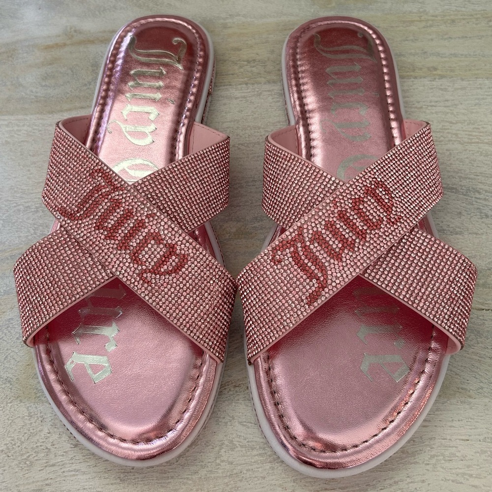 NIB Juicy Couture Pink Rhinestone Diamond Slide Sandals Yorri Criss Cross size 9